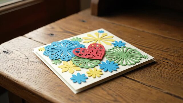 A handmade card with floral cutouts and a red heart adorns a wooden table The colors are yellow blue and green adding a cheerful touch