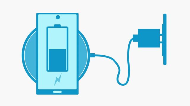 Animation of a smartphone charging wirelessly and via cable
