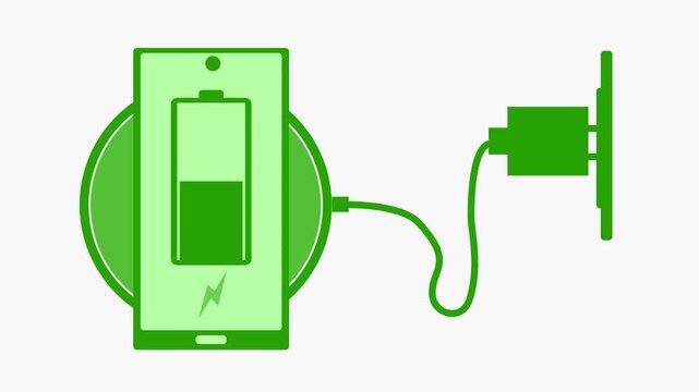 Animation of a smartphone charging wirelessly and via cable