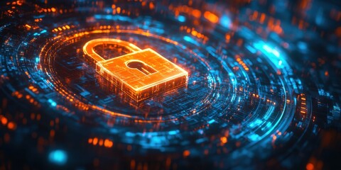 Glowing Digital Padlock on Circuit Board for Cyber Security and Data Safety
