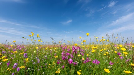 Vibrant field of wildflowers in various colors, including yellow, purple, and pink, under a clear blue sky, showcasing the beauty of nature and seasonal blooms