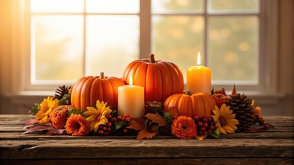 outdoor thanksgiving picnic Autumn centerpiece featuring pumpkins, candles, and flowers on a rustic wooden table by a sunlit window.