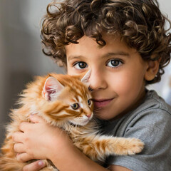 boy hugs ginger kitten