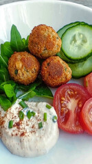 Delicious fried meatballs served with fresh vegetables and creamy sauce. A healthy and vibrant homemade meal.