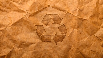 Close-up textured brown paper bag with subtle embossed recycling symbol in center