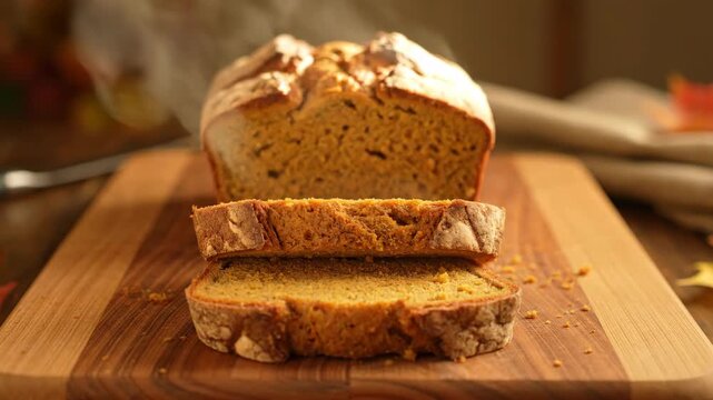 A loaf of pumpkin bread with two slices on a wooden cutting board Steam rises Fallthemed decor adds a seasonal ambiance