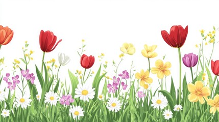 Fototapeta premium 98.A lively and colorful vector illustration of a grass border, showcasing an assortment of flowers like tulips, daisies, and wildflowers. The flowers are depicted in various colors, from vibrant