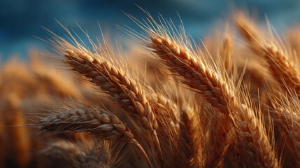 Golden Grain: Sun-kissed wheat, ripe and ready, sways gently in a field, its golden hues reflecting the warmth of the sun, capturing the essence of abundance and harvest season.