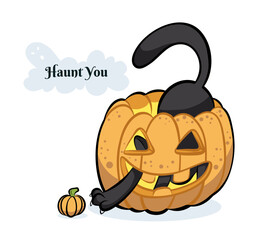 The character of the cat is playing in the pumpkin