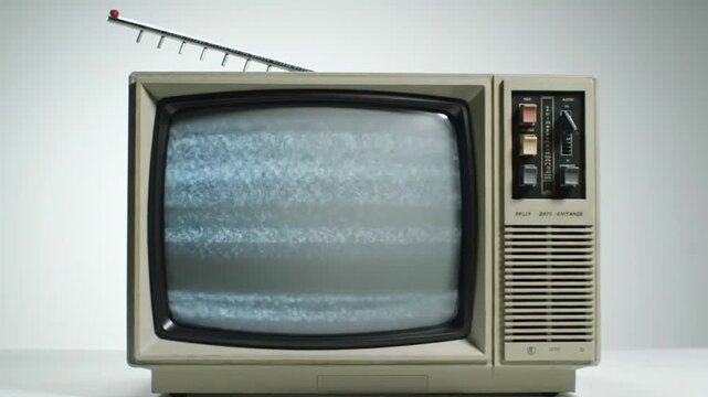 Vintage Beige Television Broadcasting Static Noise With Antenna In White Background