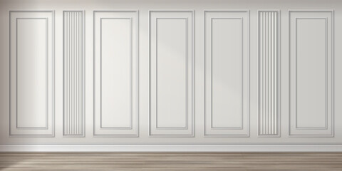 Obraz na płótnie Canvas Classic wall panel arrangement with moldings, vertical fluted sections and rectangular frames on white background. Elegant interior design elements for luxury spaces. Traditional woodwork details.