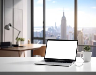 Modern Laptop Mockup by Large Window with City Skyline for Professional Branding and Web Design Presentation