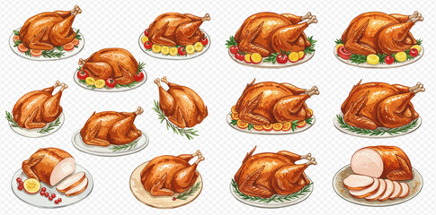 A collection of various roasted whole chickens and a sliced turkey, presented on plates with garnishes.