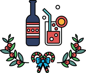 A bottle of wine and a glass of red liquid with a straw in it