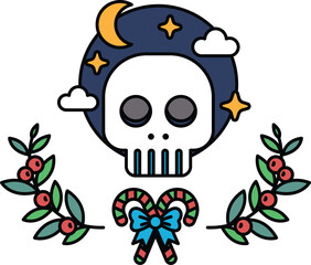 A skull with a moon and stars above it