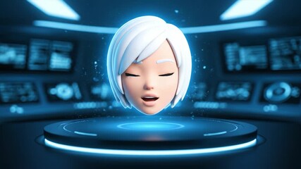 Futuristic 3D Rendered Female Avatar with White Hair and Blue Eyes Displayed in Holographic Interface Surrounded by Digital Screens in High Tech Control Room with Blue Neon Ambiance