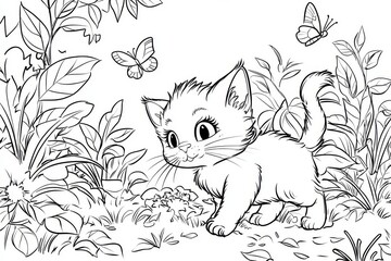 Obraz premium Cute cat playing with a butterfly in the garden, a simple black and white coloring page for kids, without shadows, easy for young children to color.