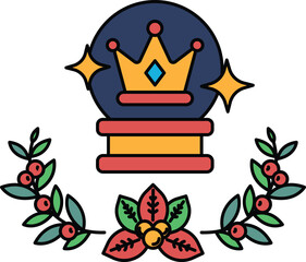 A black and white drawing of a crown and a crystal ball