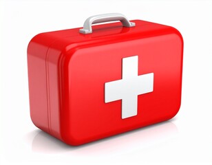 Obraz premium A stylized 3D rendering of a vibrant red emergency medical kit with a classic white cross, featuring a toy-like rounded design on a reflective white background