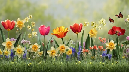 69.1. A whimsical garden scene with spring flowers in full bloom, including tulips, daffodils, and poppies. The flowers are scattered across a grassy meadow, with bees and butterflies flitting