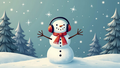 Fototapeta premium Cheerful snowman wearing headphones and a scarf in a snowy landscape with falling snowflakes