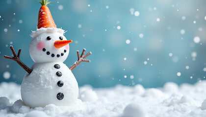 Fototapeta premium Charming snowman with a carrot nose and orange hat, in a snowy setting with falling snowflakes