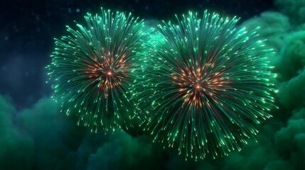 Fototapeta premium Spectacular Fireworks Display: A vibrant fireworks display illuminates the night sky with bursts of emerald green and warm amber, creating a captivating spectacle against a backdrop of soft clouds. 