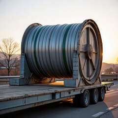 A large industrial cable drum is transported on a flatbed truck at sunset.