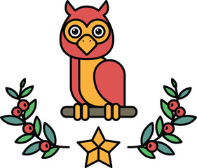 A black and white owl sitting on a branch with a star and leaves
