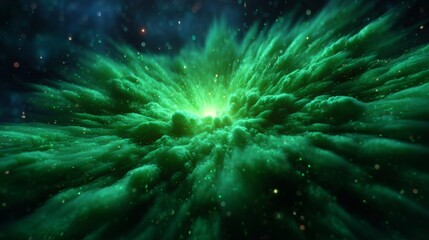 Fototapeta premium Cosmic Nebula: A mesmerizing celestial panorama showcasing a vibrant green nebula, teeming with cosmic dust and stellar energy, set against a backdrop of the vast expanse.