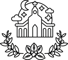 A church with a cross on top and a moon in the background