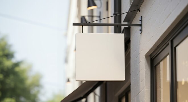 A blank white square sign hangs from a metal bracket on a brick building
