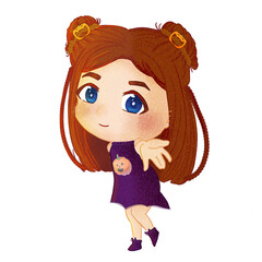 Cartoon illustration of a cheerful girl or woman in a purple Halloween themed outfit with a pumpkin image