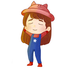 cartoon illustration of a woman enjoying the weather in a blue jumpsuit and cat hat
