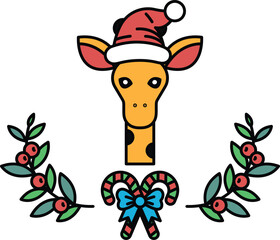 A giraffe wearing a Santa hat and a bow