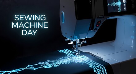 Futuristic sewing machine with digital circuitry highlighting technology for sewing machine day celebration