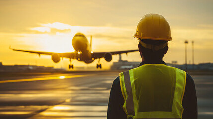 Airport Worker Watches Commercial Airplane Landing At Golden Sunset Generative AI