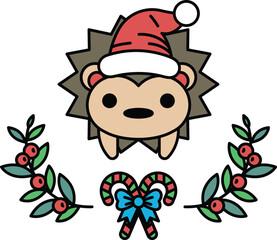 A black and white drawing of a hedgehog wearing a Santa hat