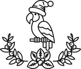 A black and white drawing of a parrot wearing a hat and sitting on a branch