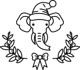 A black and white drawing of an elephant wearing a Santa hat and bow