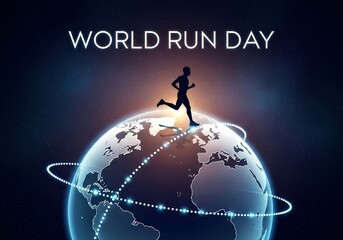 World run day celebration with silhouette of runner on illuminated earth - ideal for fitness and health campaigns