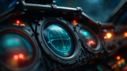 Fototapeta premium Cockpit Instruments: A detailed close-up of vintage cockpit instruments, dials glowing, displaying a futuristic yet retro aesthetic, hinting at the mystery of navigation.