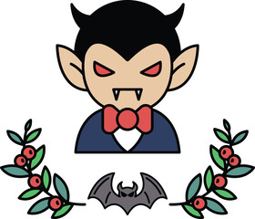 A cartoon vampire with a bow tie and a bat