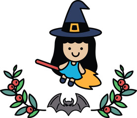 A witch is flying on a broomstick with a bat on the ground