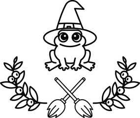 A frog wearing a wizard hat sits in front of a broom and a wreath