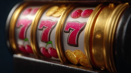Lucky Seven: A close-up captures a jackpot on a vibrant slot machine, with three lucky sevens aligned. the iconic machine symbolizes hope and anticipation, bathed in soft light.
