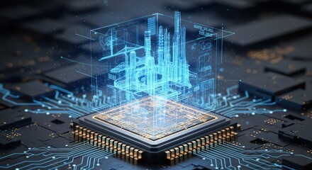 Advanced processing unit displaying holographic cityscape projection, technological progress