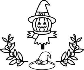 A witch's hat and pumpkin are on a white background