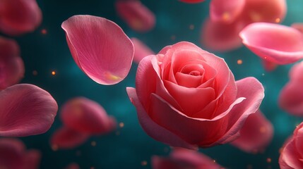 Petal Paradise: A macro shot reveals the delicate beauty of a solitary rose surrounded by floating petals, an ethereal scene of floral elegance and the allure of nature's intricate design.
