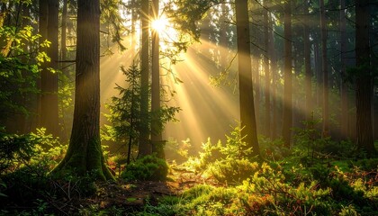 Sunlight streams through tall trees in a dense, green forest, creating a bright, serene landscape